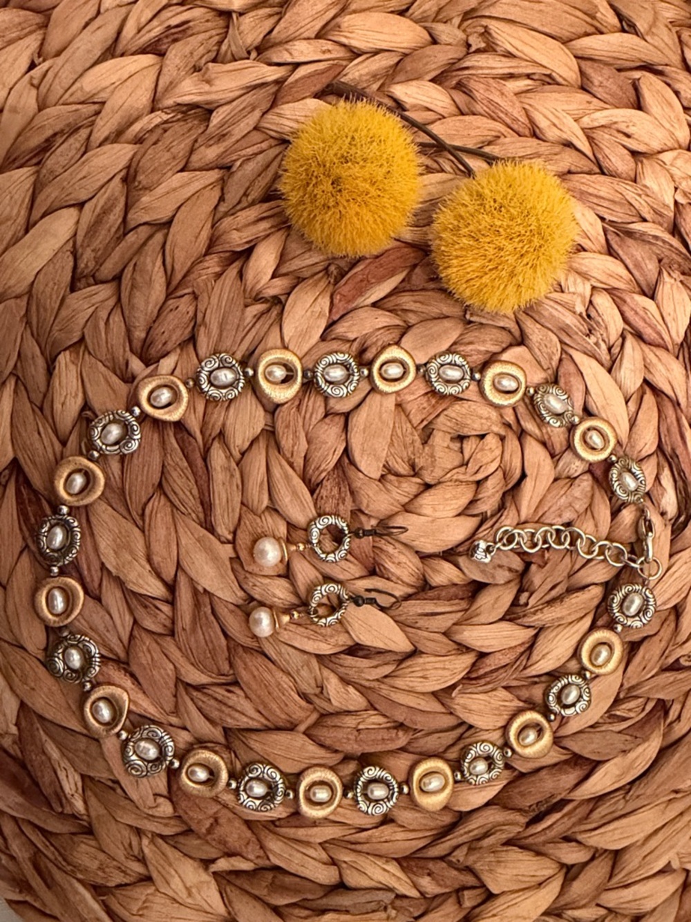 Gold and Silver Two-Tone Beaded Necklace and Earring Set
